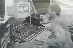 Longtime ETUG member Clint Lalonde in 1998 producing radio programs for Camosun College's Education on the Air program.