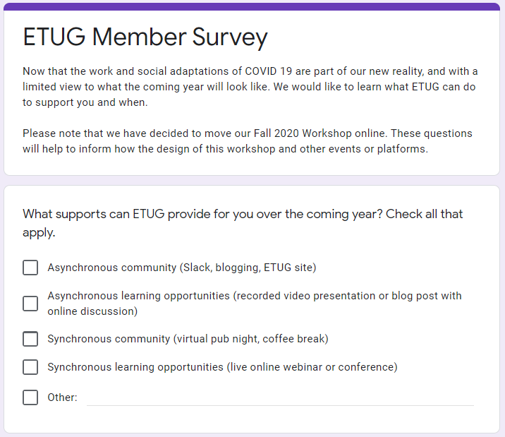 What's Up, ETUG? (Complete our member survey)